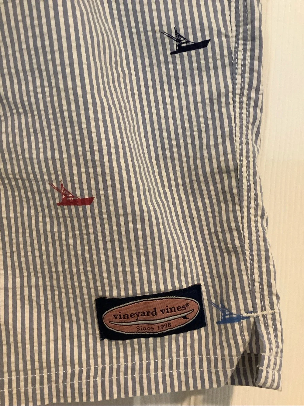 VINEYARD VINES Men’s Blue/White Searsucker Nautical Bathing Suit Swim Trunks XL